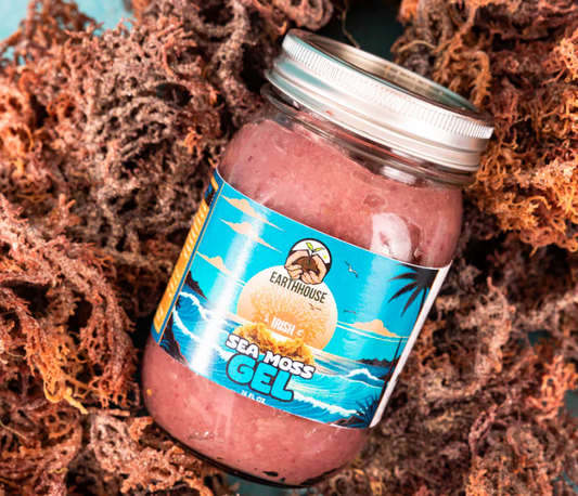 Sea moss gel in a glass bottle