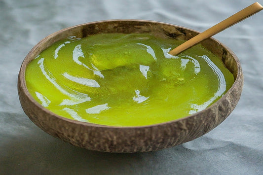 A sea moss gel inside a coconut shell